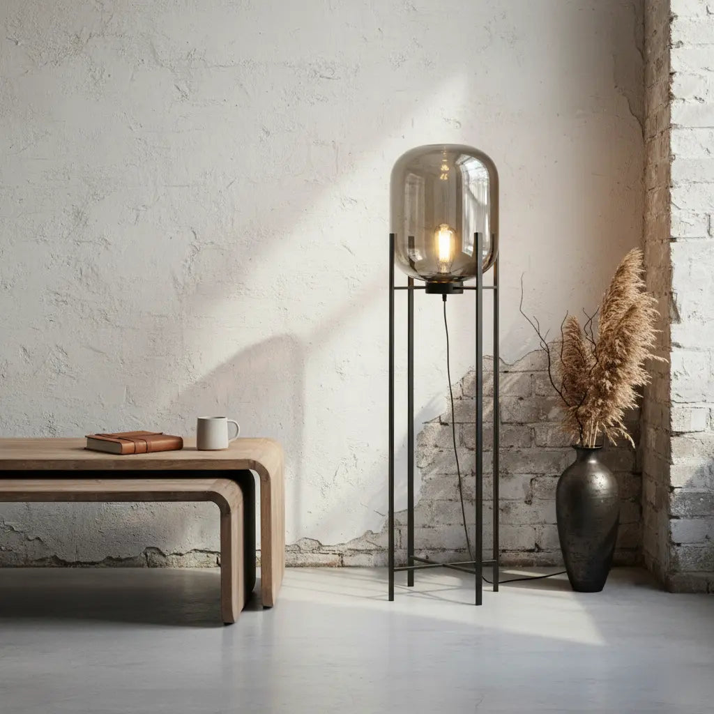 Stehlampe Glas Schwarz, Design Stehleuchte E27 Amber/Smoke 100/140 cm