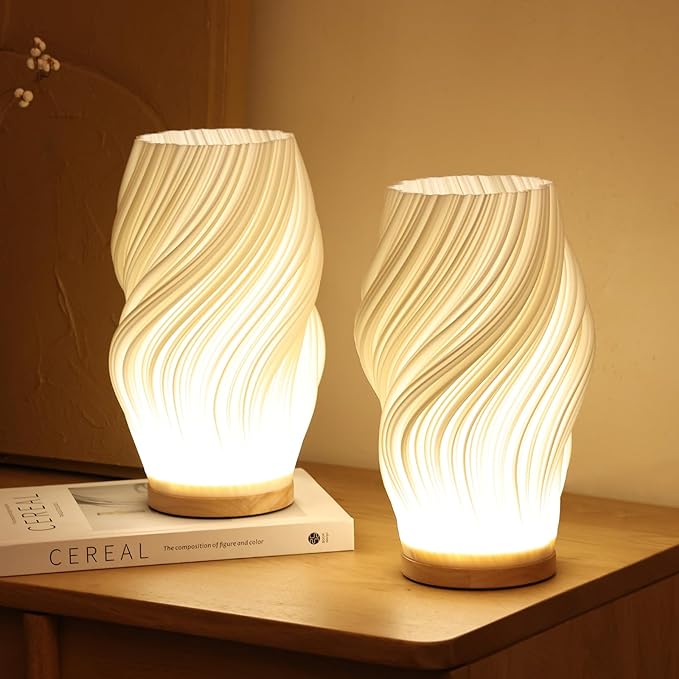 LED Tischlampe Holz – Wellen / Wirbel / Wolken Design, Dimmbar, USB
