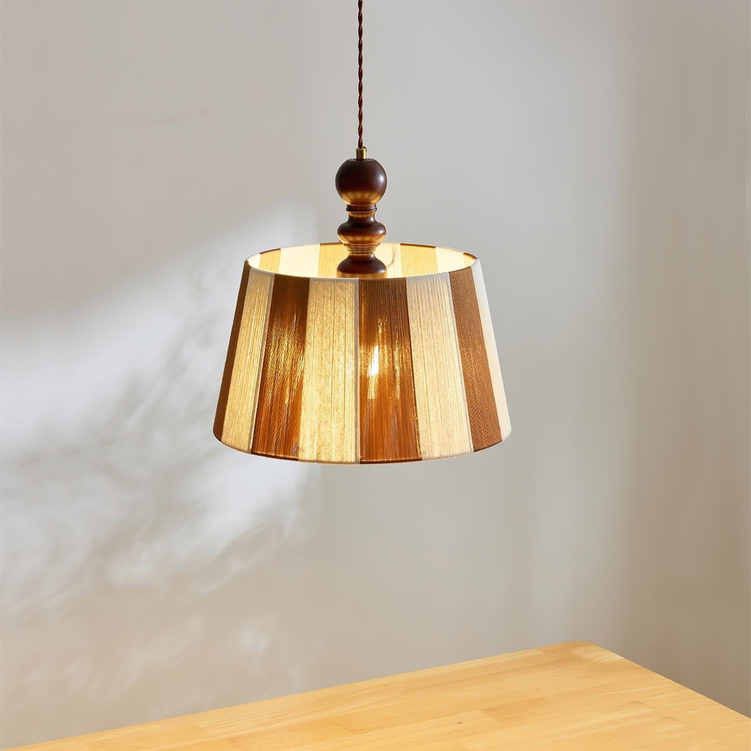 Pendelleuchte Stoff Gestreift Ø35 cm, Höhenverstellbar mit Holz