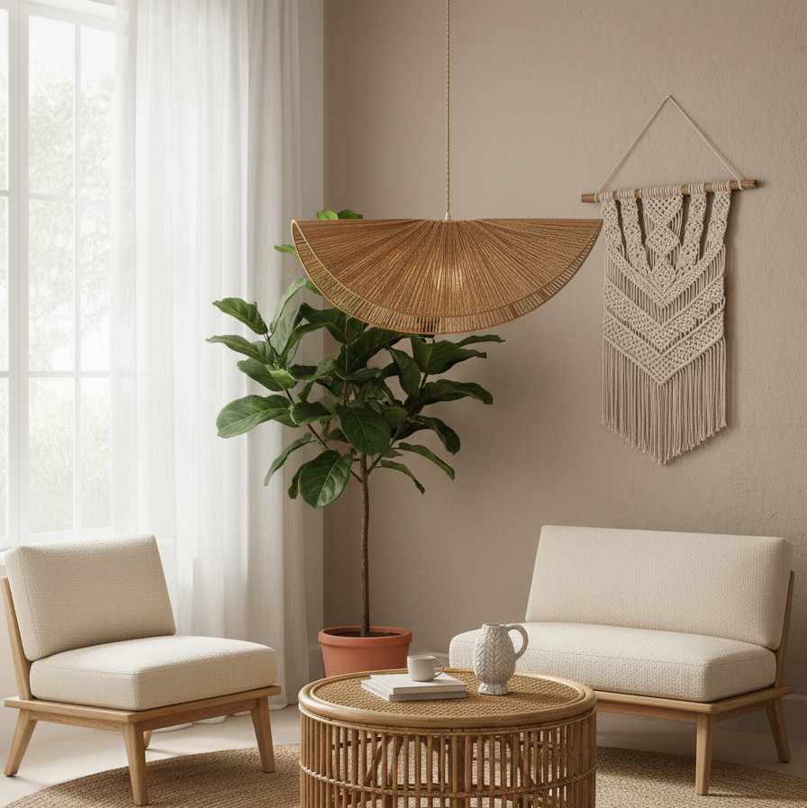Rattan Pendelleuchte Geflochten, Boho Design mit Hanfseil, Höhenverstellbar E27