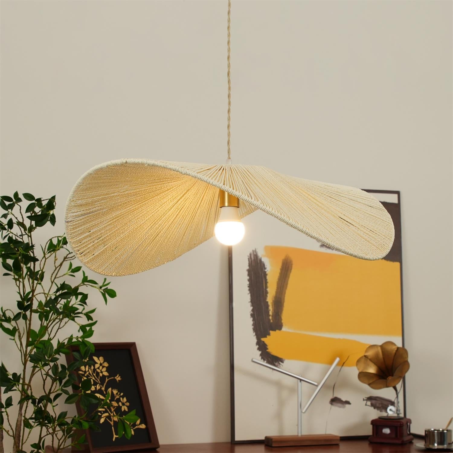 Rattan Pendelleuchte Geflochten, Boho Design mit Hanfseil, Höhenverstellbar E27