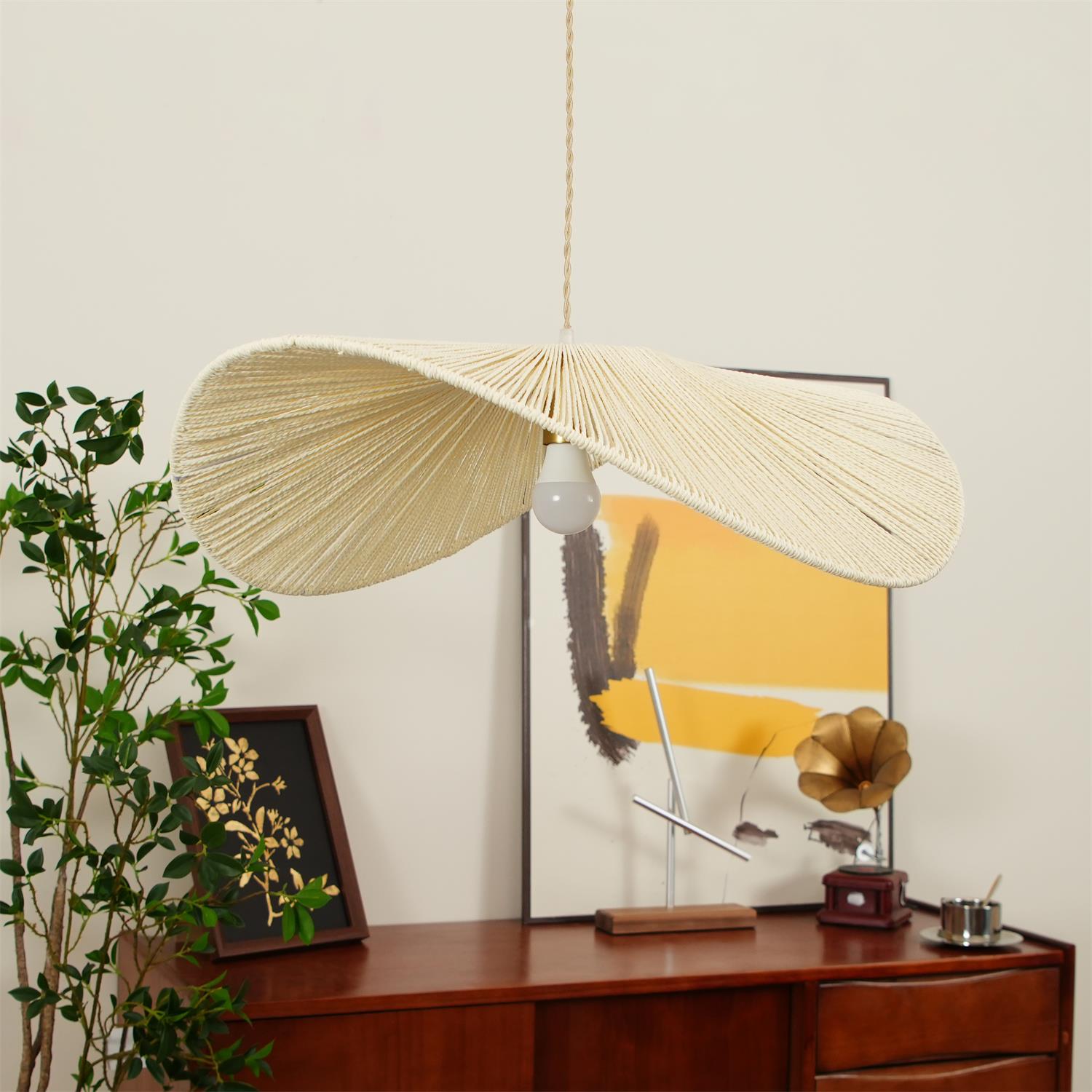 Rattan Pendelleuchte Geflochten, Boho Design mit Hanfseil, Höhenverstellbar E27