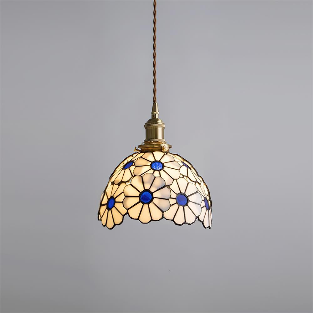 Buntglas Pendelleuchte Blumenform, Handgefertigt aus Messing, Vintage Dimmbar
