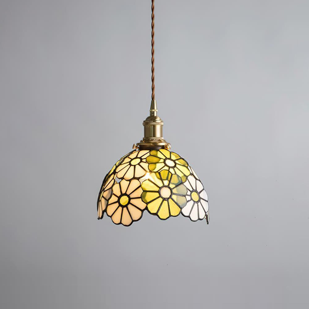 Buntglas Pendelleuchte Blumenform, Handgefertigt aus Messing, Vintage Dimmbar