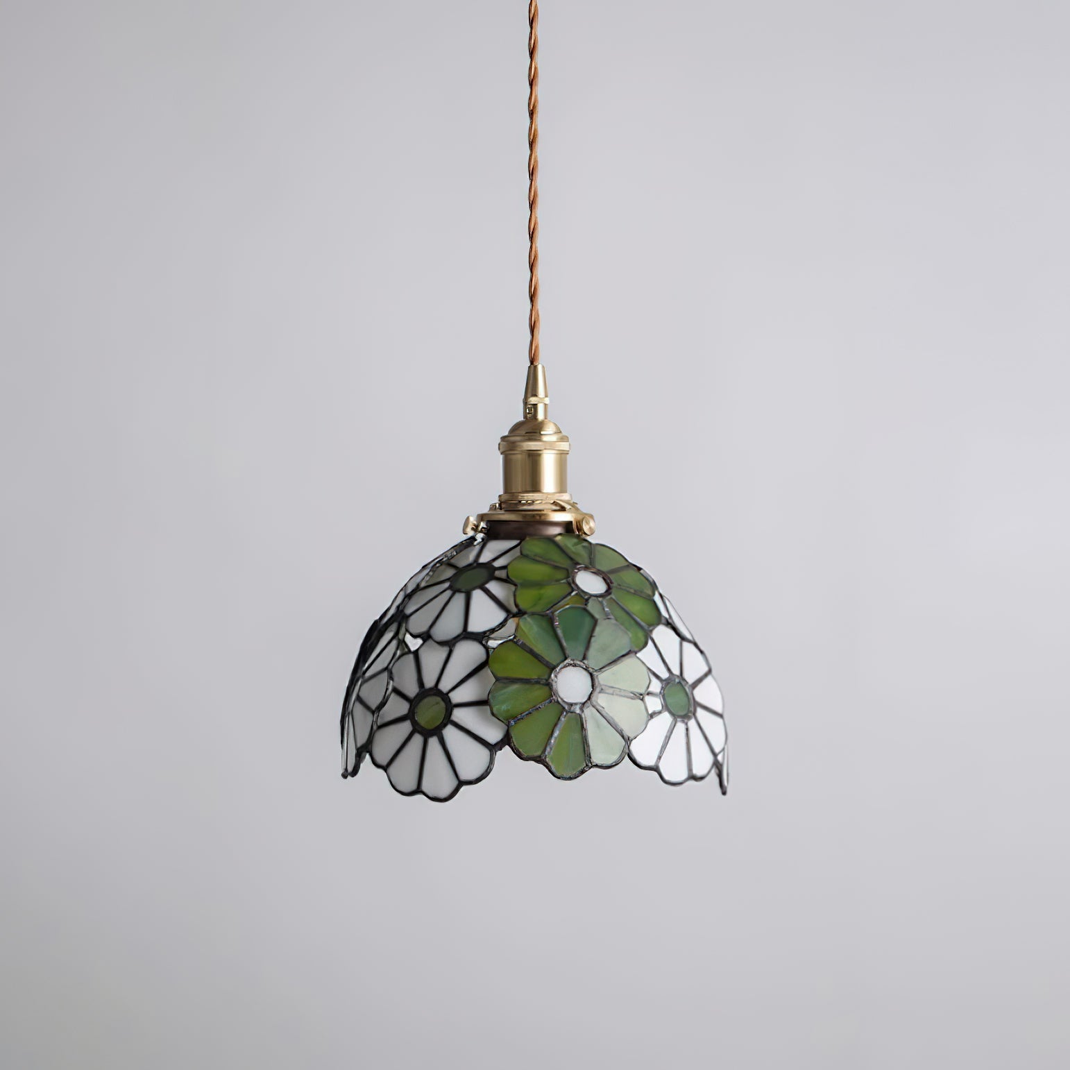 Buntglas Pendelleuchte Blumenform, Handgefertigt aus Messing, Vintage Dimmbar