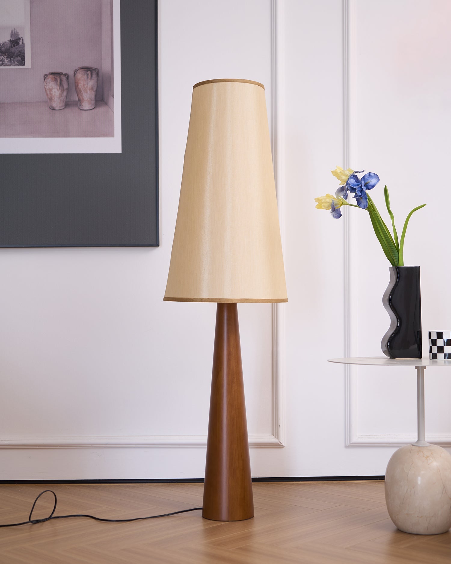 Stehlampe Holz Stoff, Design Stehleuchte Konisch E27