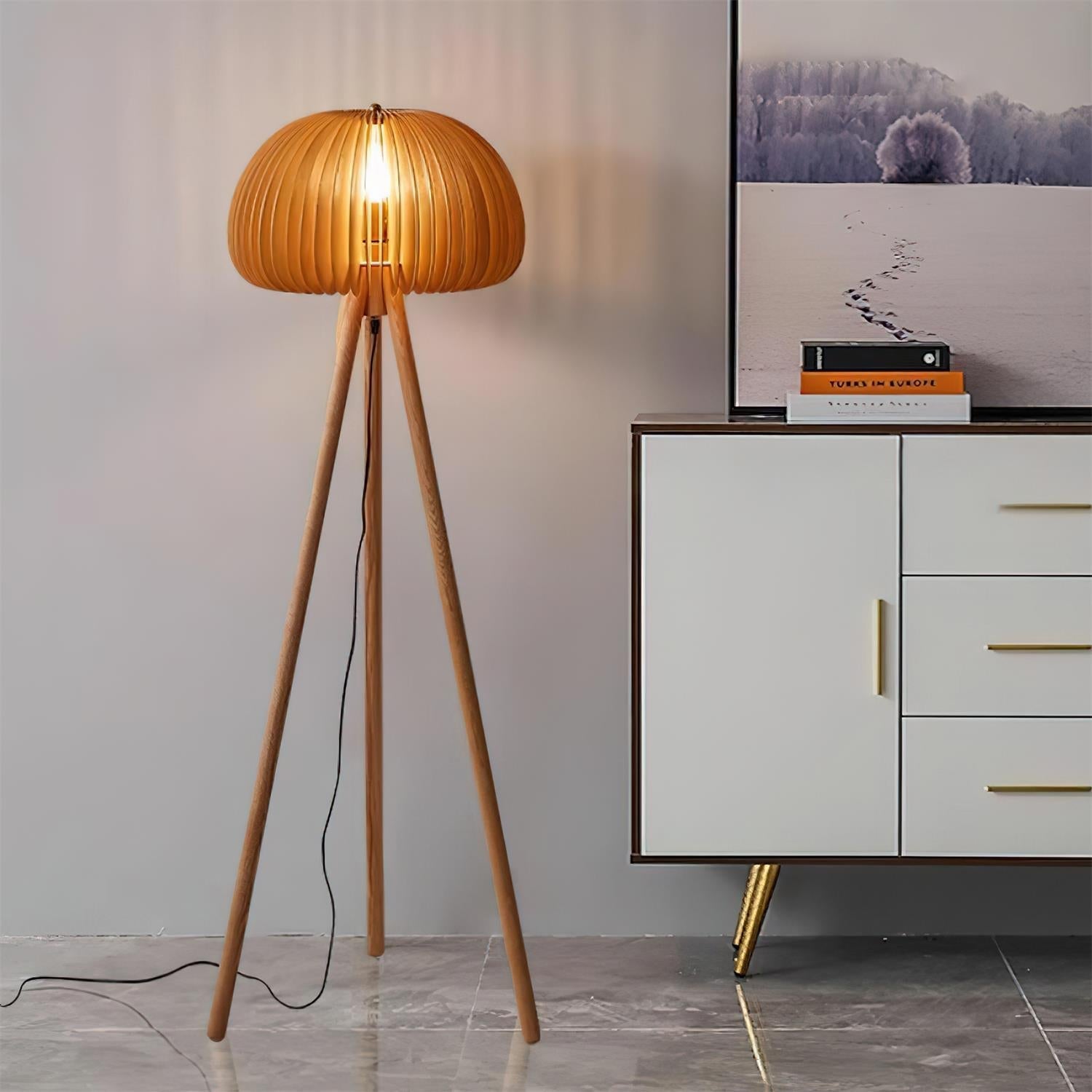 Holz Stehlampe Dreibein, Moderne Stehleuchte Lamellen