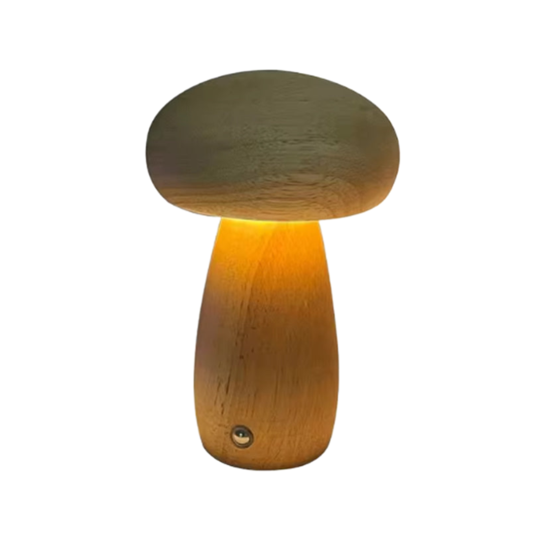 LED Pilz Tischlampe Holz, Dimmbar, Kabellos, Akku, USB