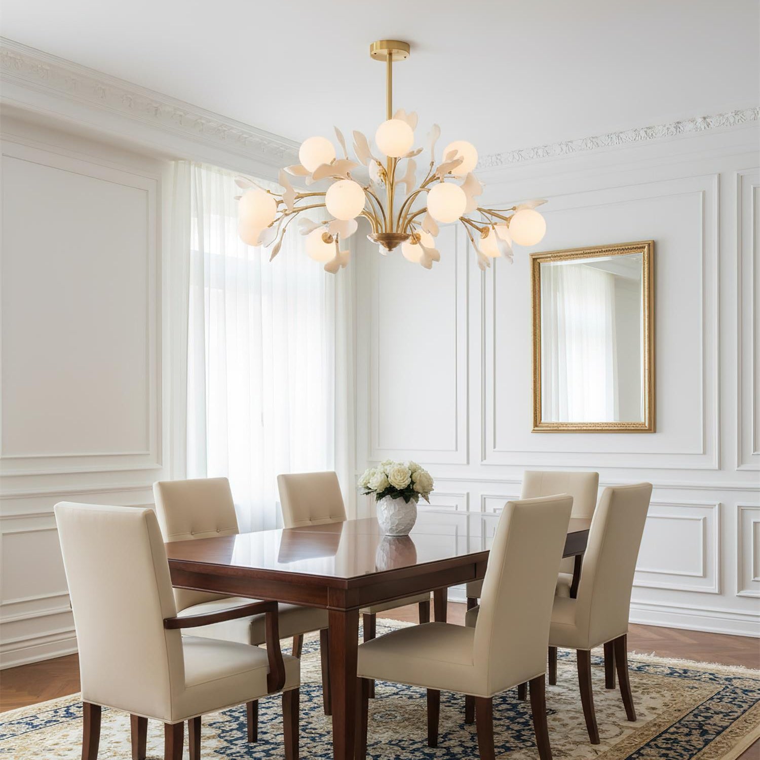 Kronleuchter Ginkgo Keramik, Design Deckenleuchte Messing 6–12 Flammig