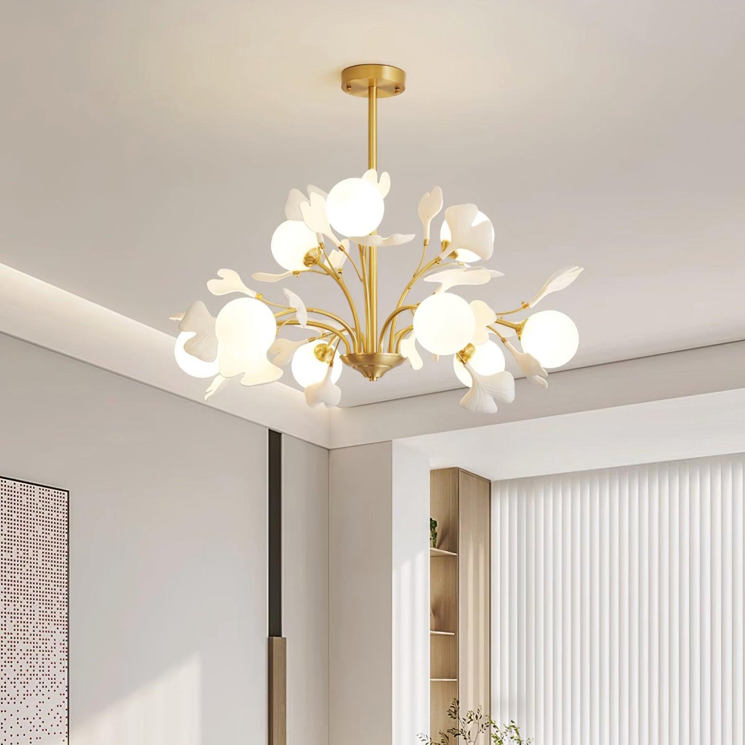 Kronleuchter Ginkgo Keramik, Design Deckenleuchte Messing 6–12 Flammig