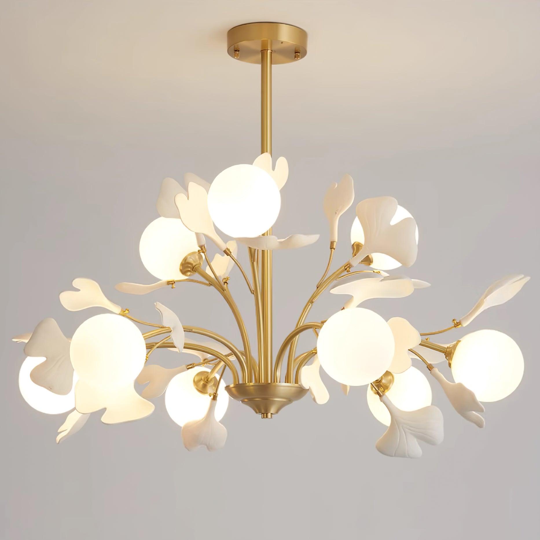 Kronleuchter Ginkgo Keramik, Design Deckenleuchte Messing 6–12 Flammig