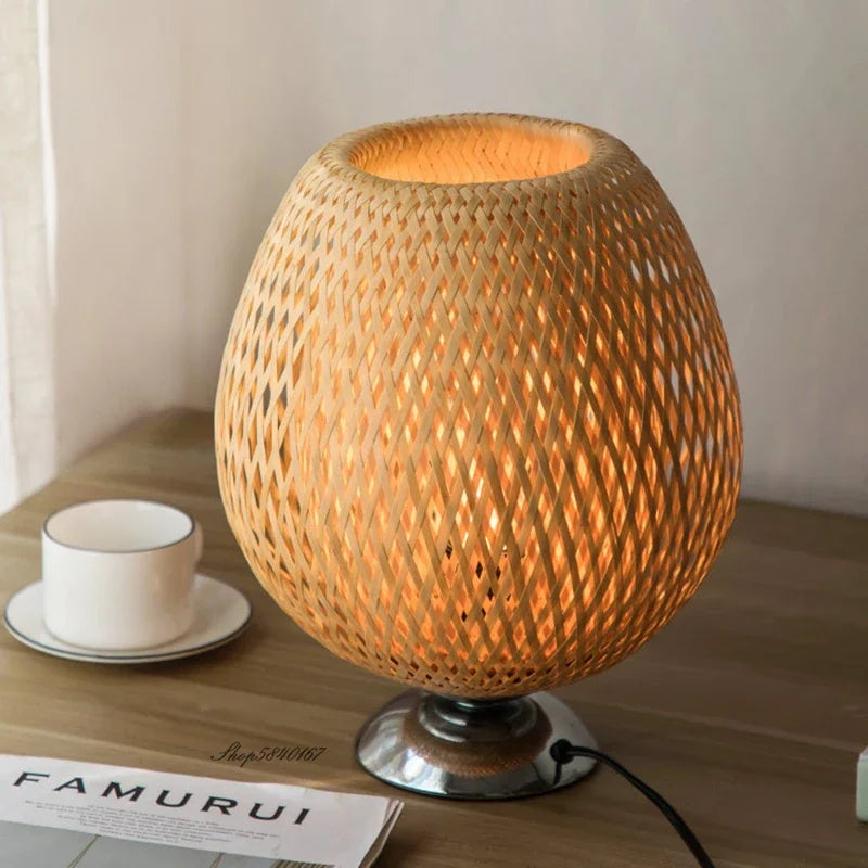 Bambus Tischlampe Vintage, LED Tischleuchte Natur