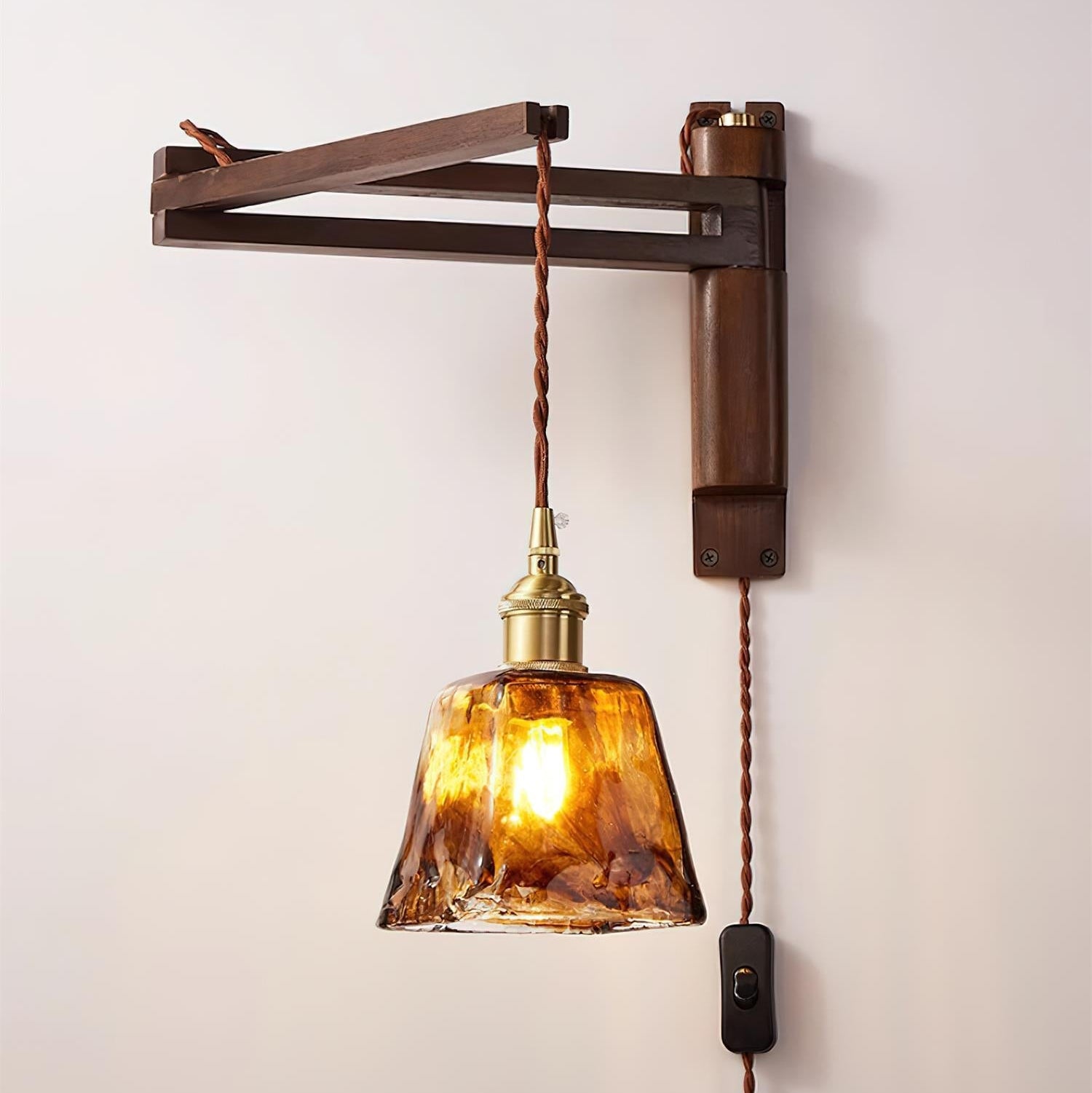 Vintage Wandlampe Plug In, Glas Messing Design Dimmbar