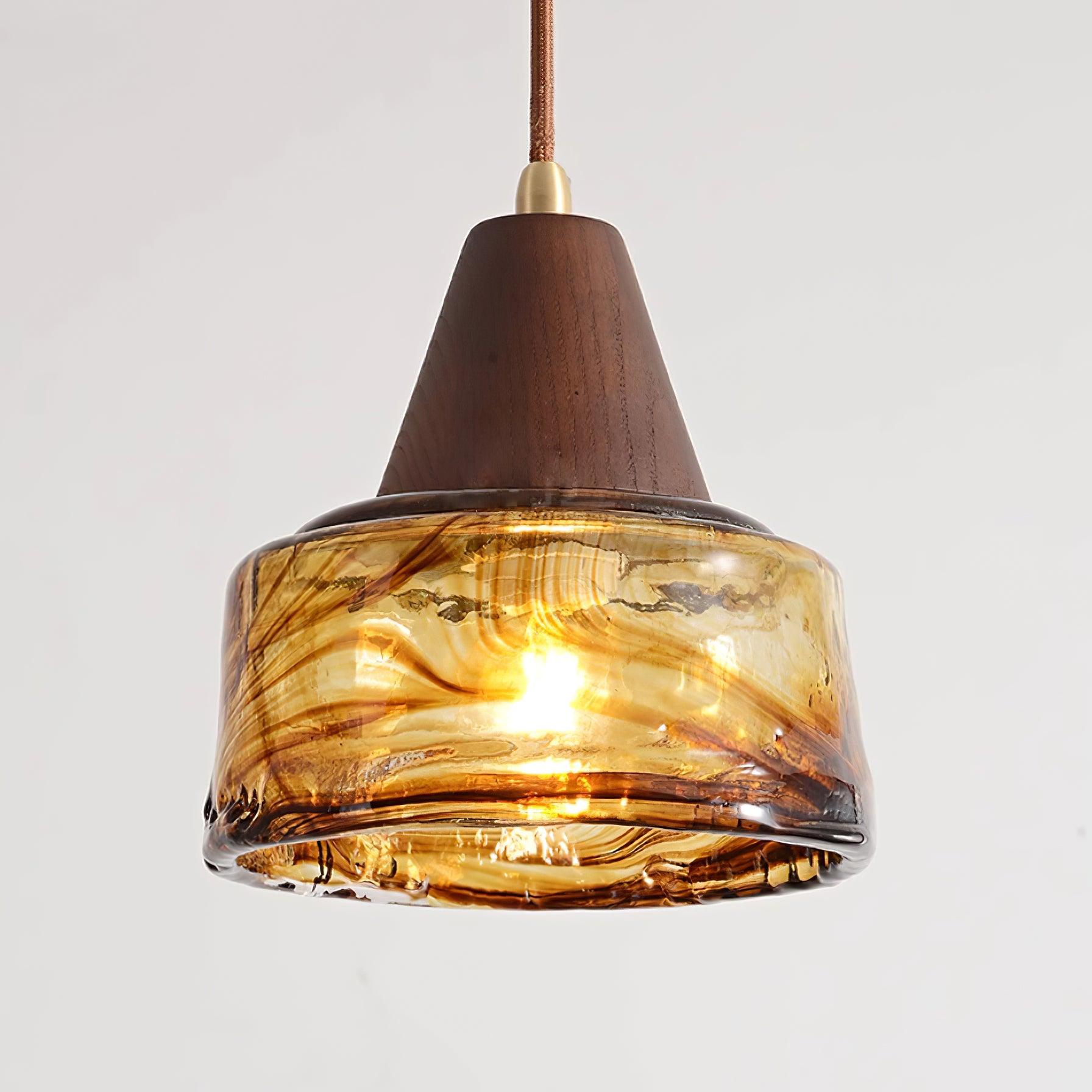 Murano Glas Pendelleuchte Amber Ø35 cm, Vintage Dimmbar mit Messing & Holz