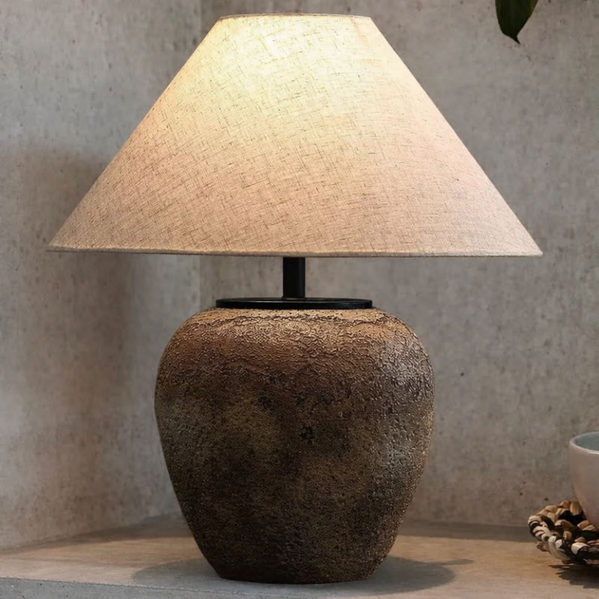 Tischlampe Keramik Beige Leinen, Nachttischlampe Natur Stil Ø42 cm