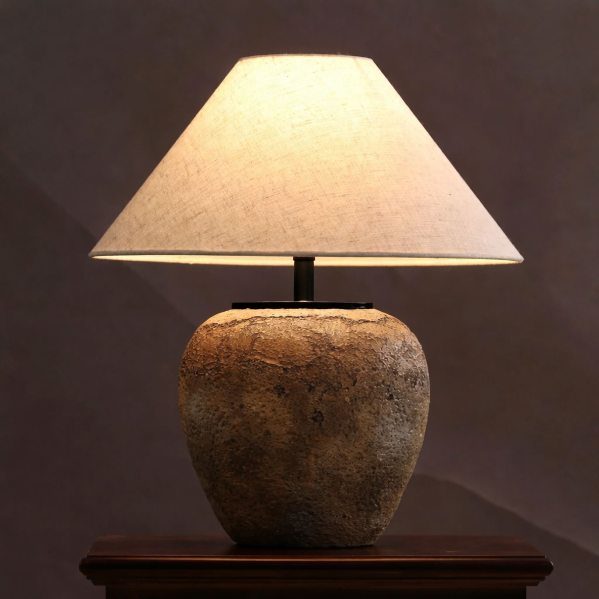 Tischlampe Keramik Beige Leinen, Nachttischlampe Natur Stil Ø42 cm