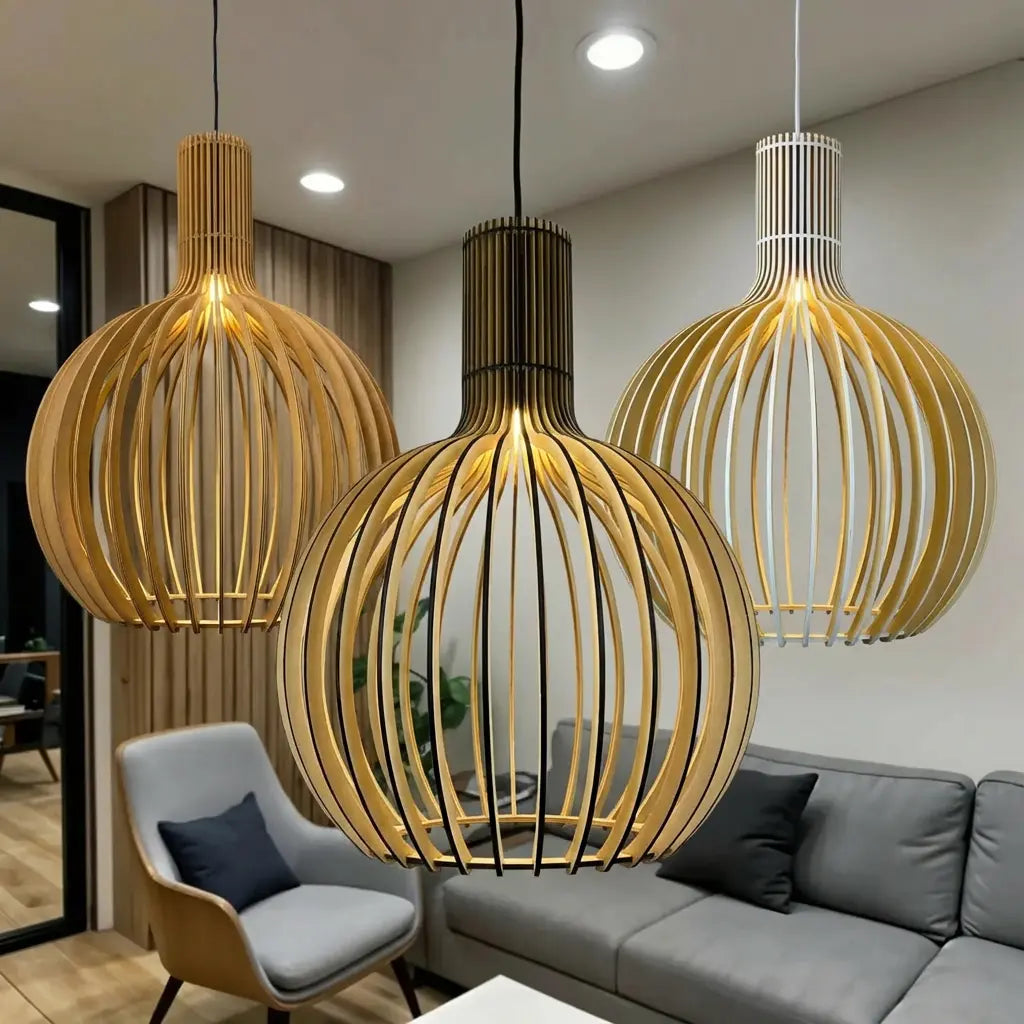Hängelampe Holz Lamellen, Skandinavische Pendelleuchte E27 35/45/55 cm
