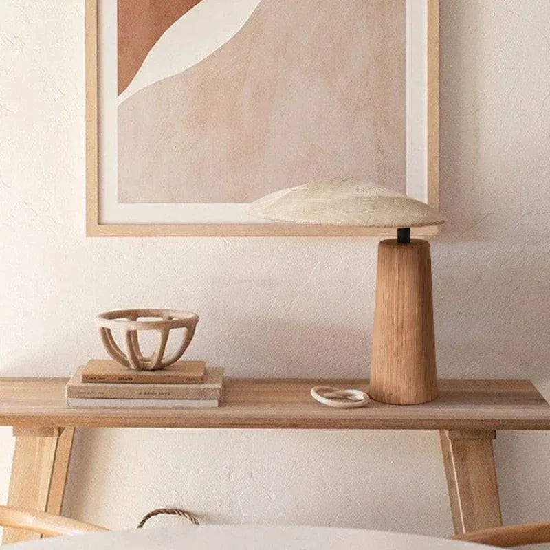 Tischlampe Holz Beige Stoff, Skandinavische Nachttischlampe mit Warmem Licht