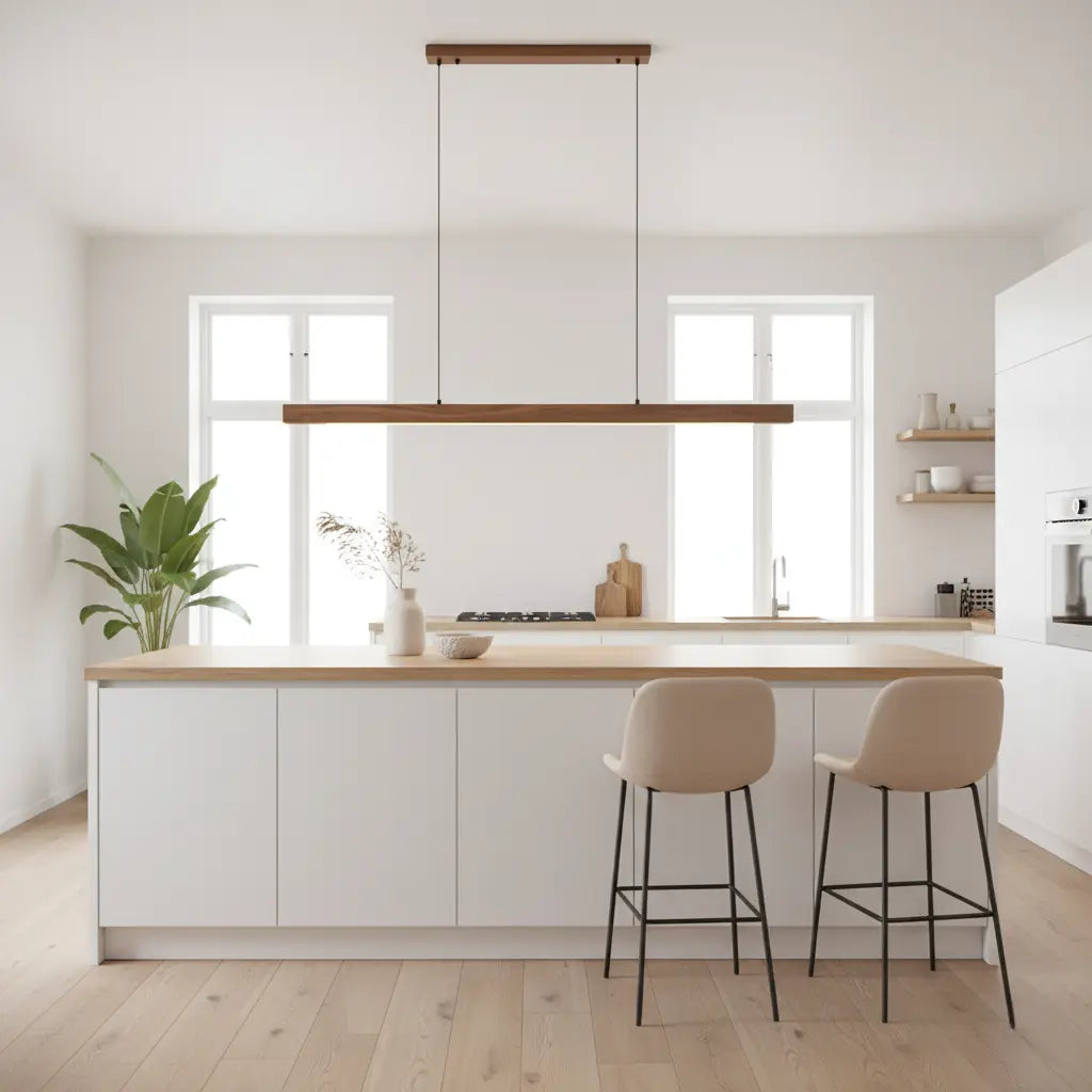 LED Hängelampe Esstisch Holzoptik, Lineare Pendelleuchte Dimmbar 120/150/180 cm