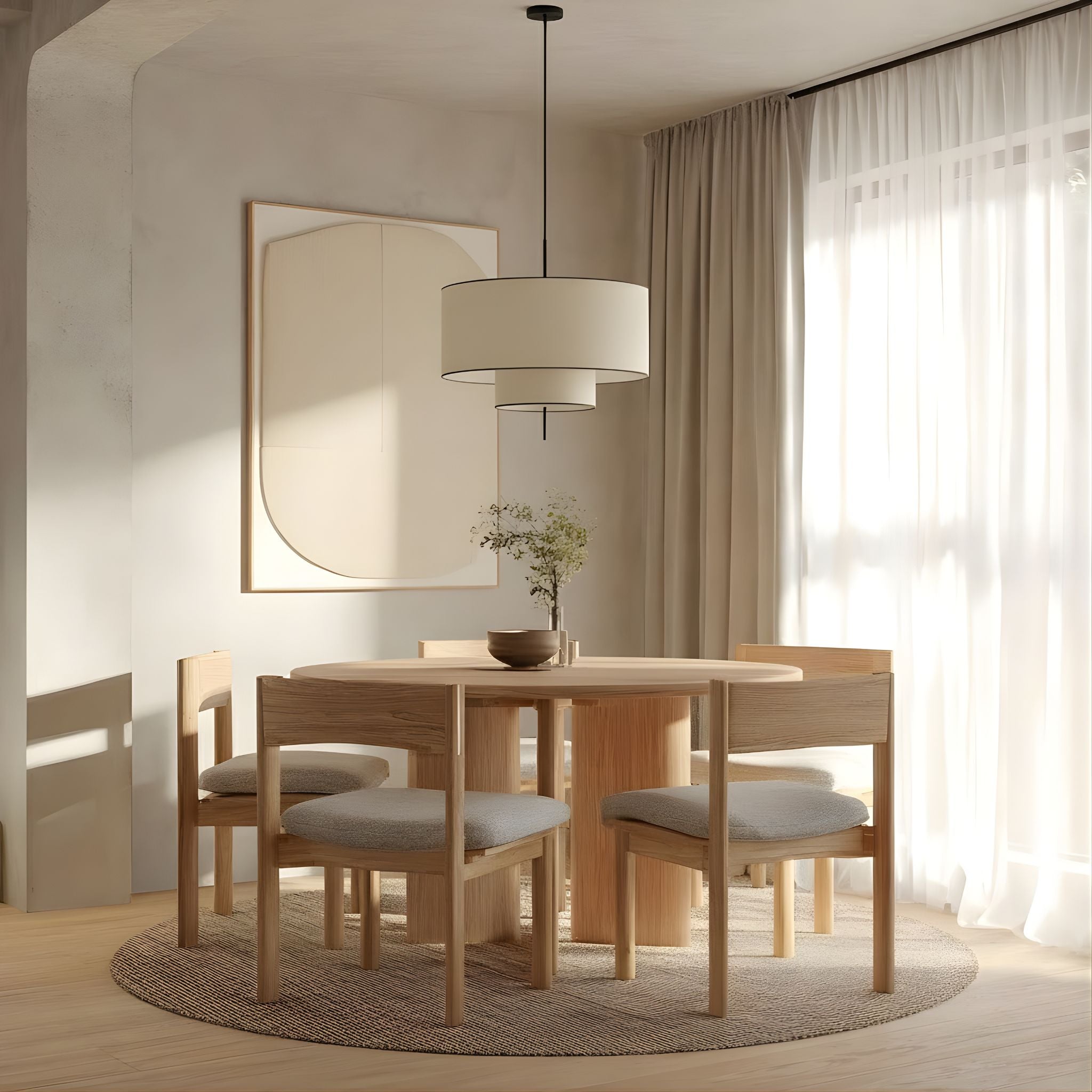 Hängelampe Beige Stoff Rund, Skandinavische Pendelleuchte Ø50 cm Warmes Licht