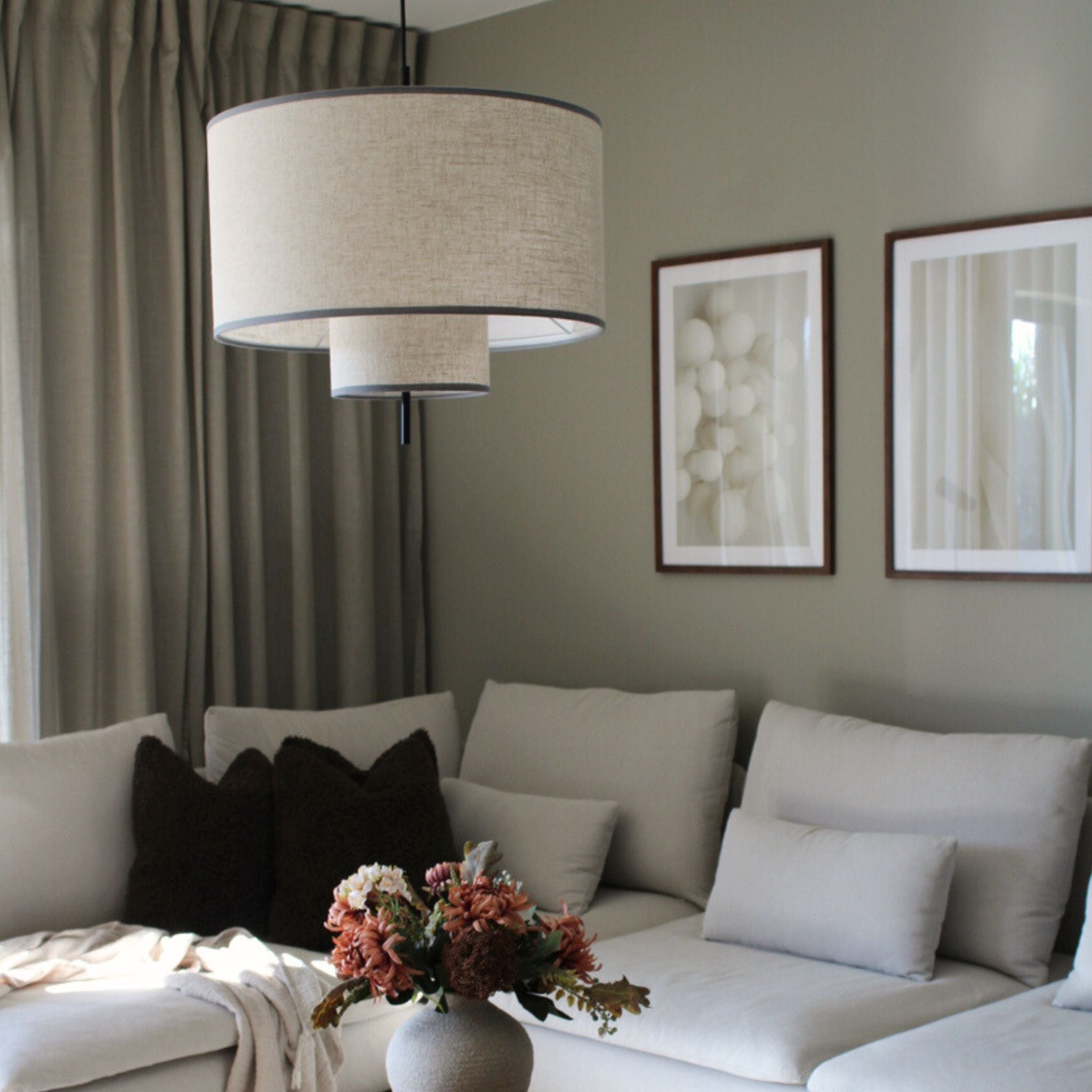 Hängelampe Beige Stoff Rund, Skandinavische Pendelleuchte Ø50 cm Warmes Licht