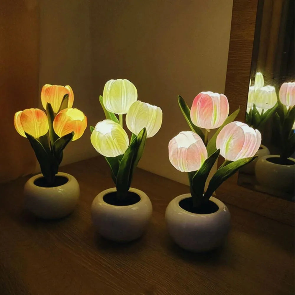 Tulpen Nachtlicht LED, Blumen Tischlampe kabellos