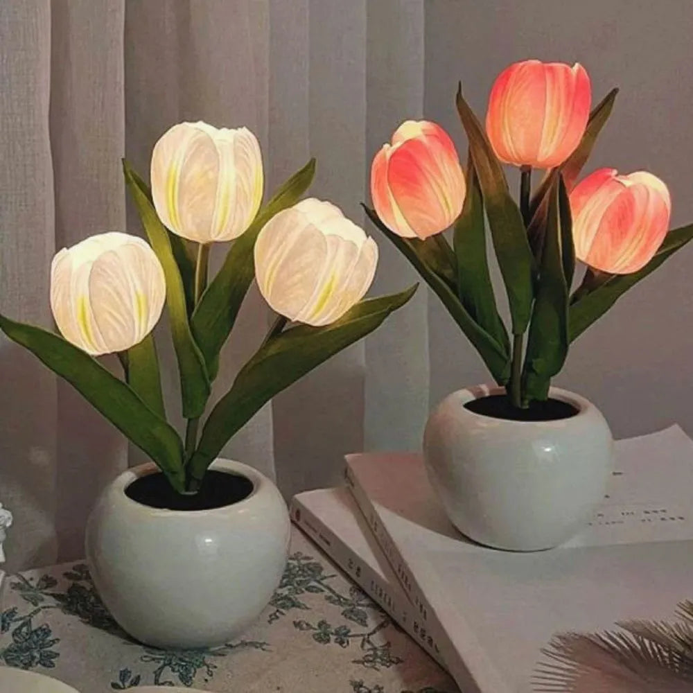 Tulpen Nachtlicht LED, Blumen Tischlampe kabellos