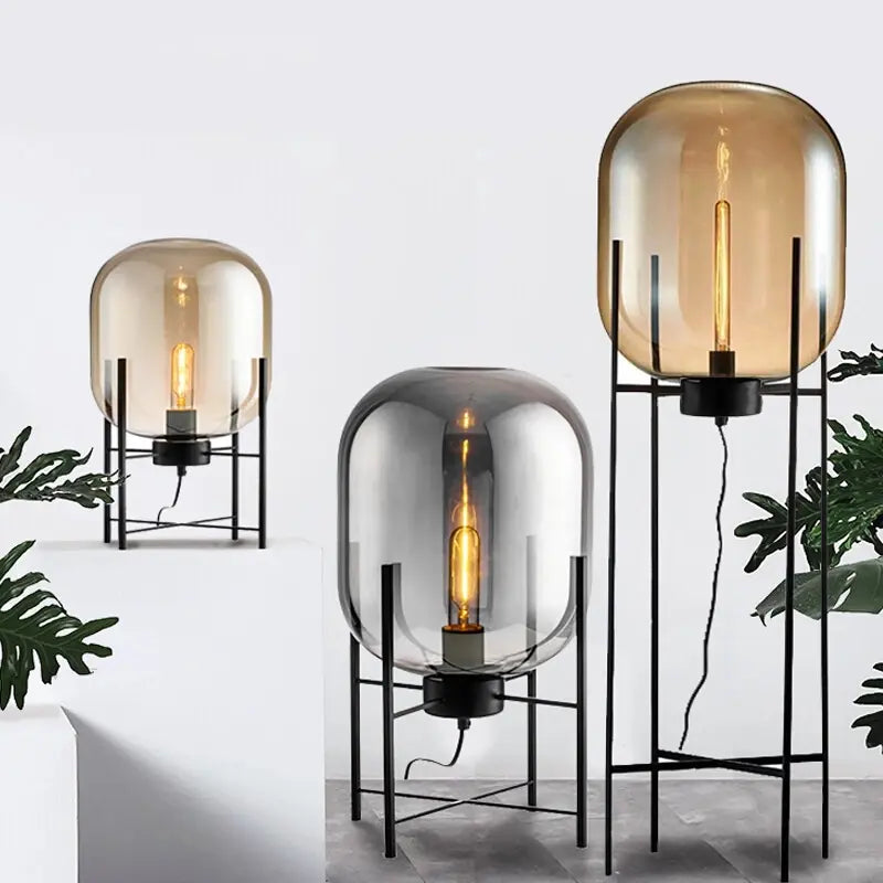 Stehlampe Glas Schwarz, Design Stehleuchte E27 Amber/Smoke 100/140 cm