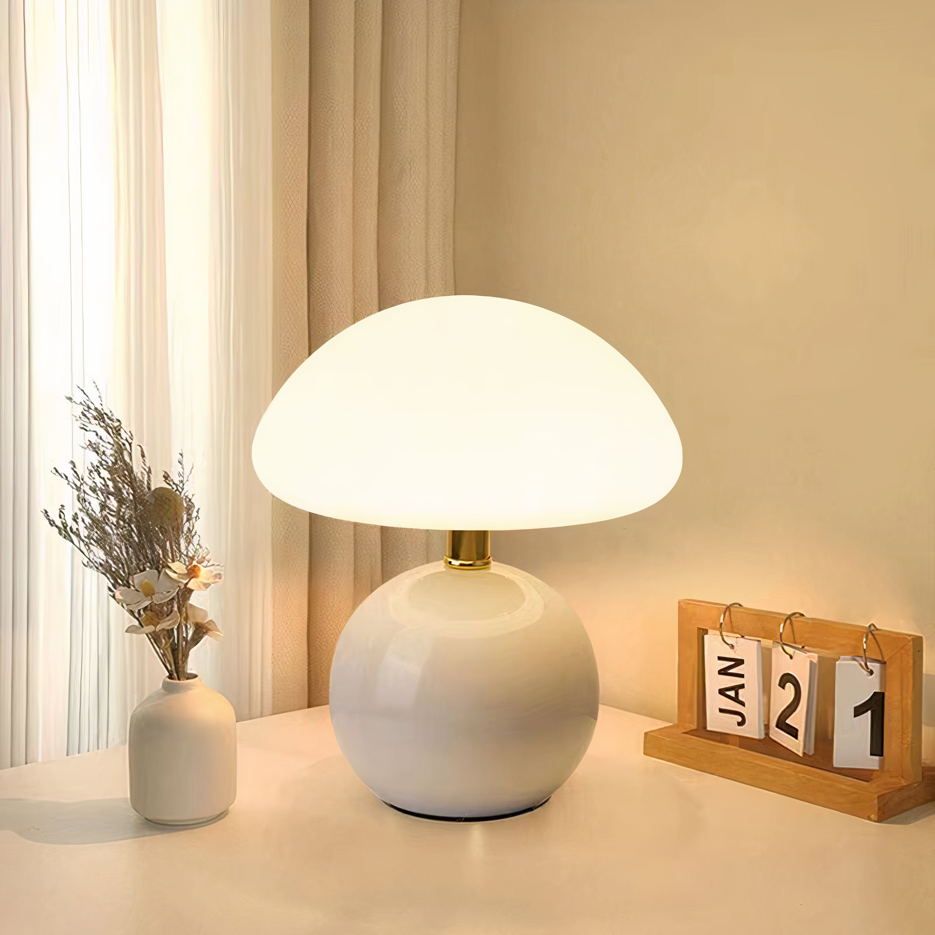 Pilz Tischlampe Keramik LED, Moderne Tischleuchte 3 Lichtfarben