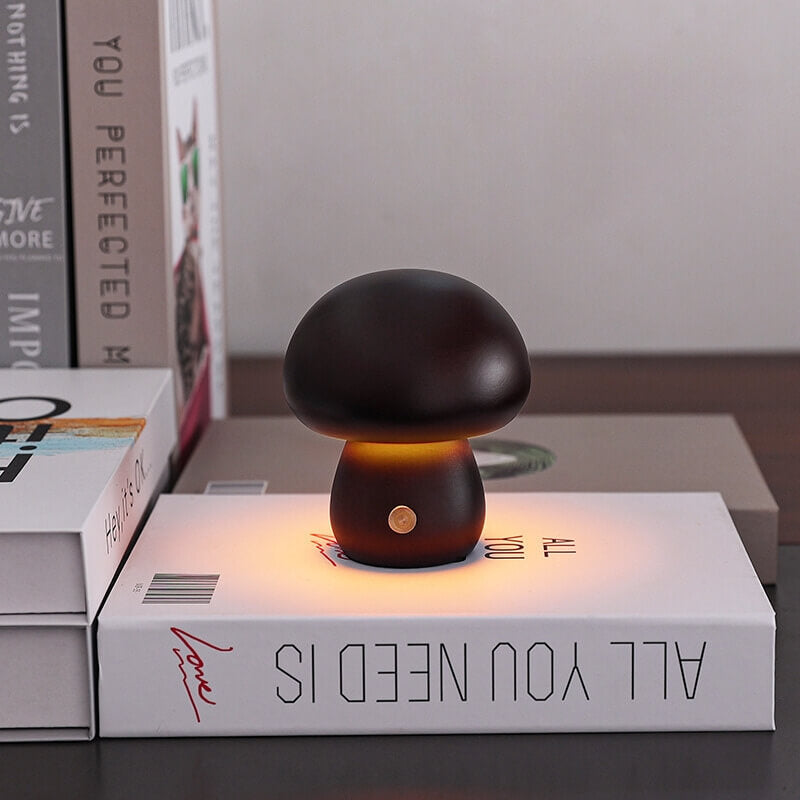 LED Pilz Tischlampe Holz, Dimmbar, Kabellos, Akku, USB