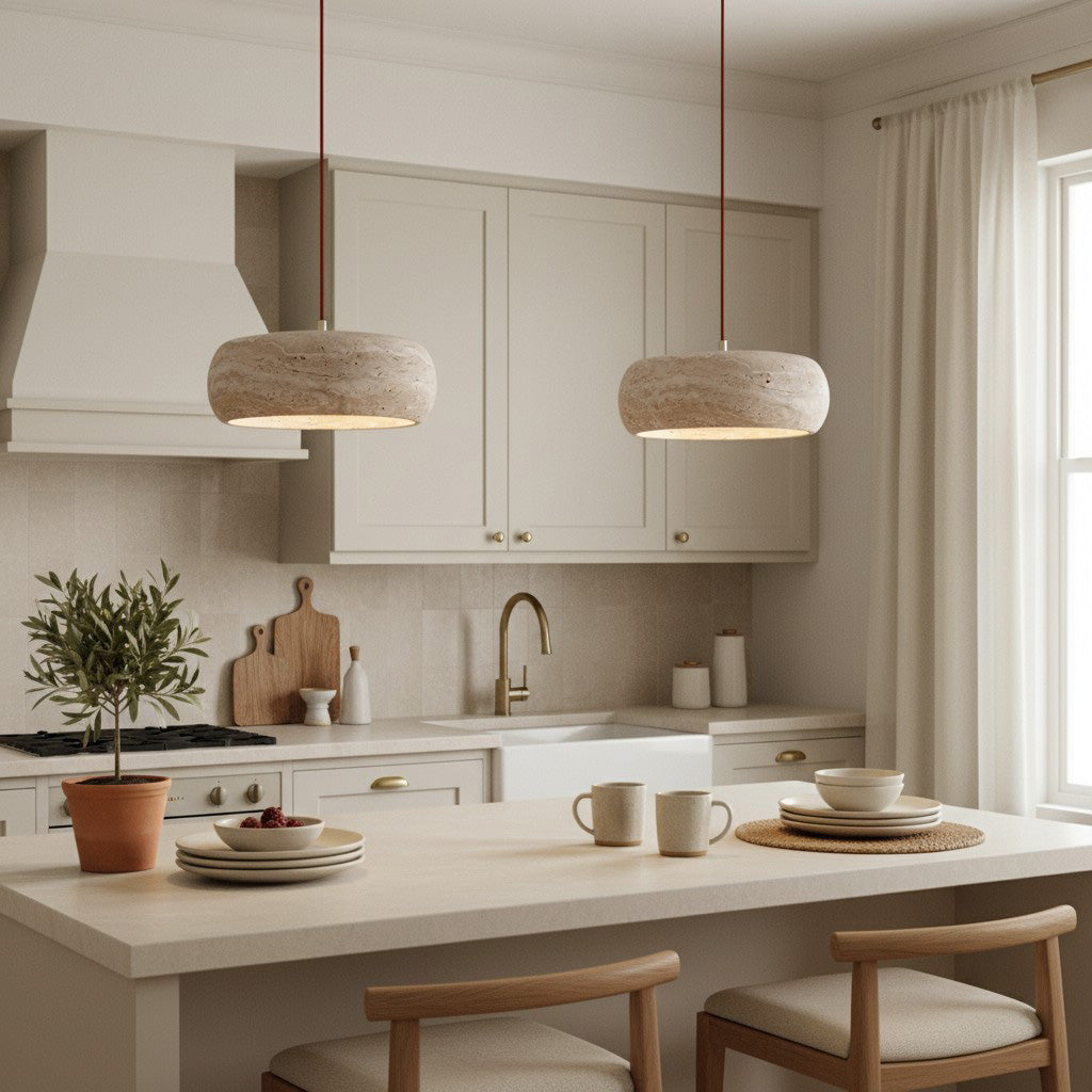 Travertin Pendelleuchte Naturstein, Wabi Sabi Design Höhenverstellbar
