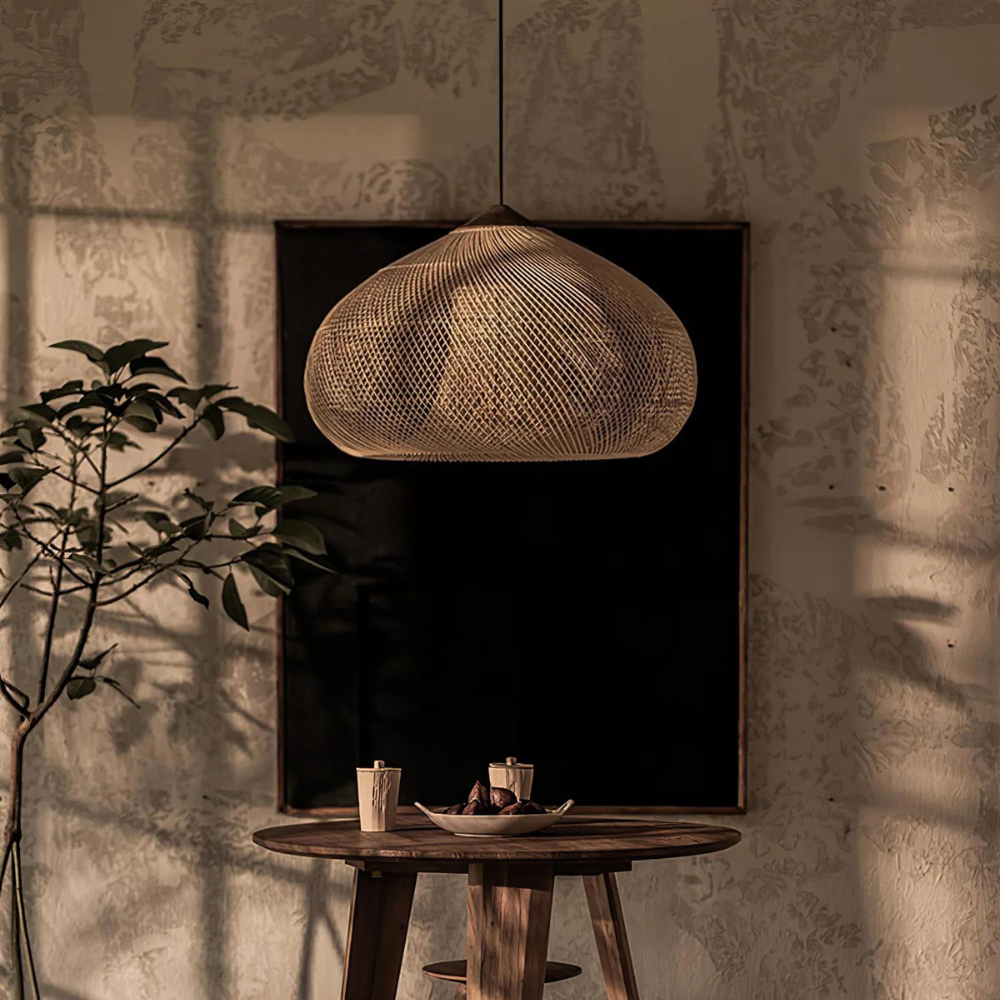 Rattan Hängelampe Natur, Boho Pendelleuchte Geflochten E27