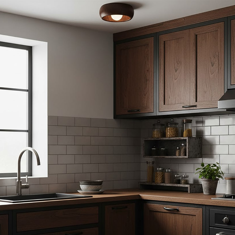 LED Deckenleuchte Rund Ø30 cm, Flach mit Holzoptik