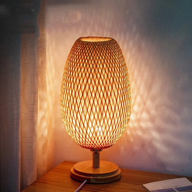 Bambus Tischlampe Vintage, LED Tischleuchte Natur