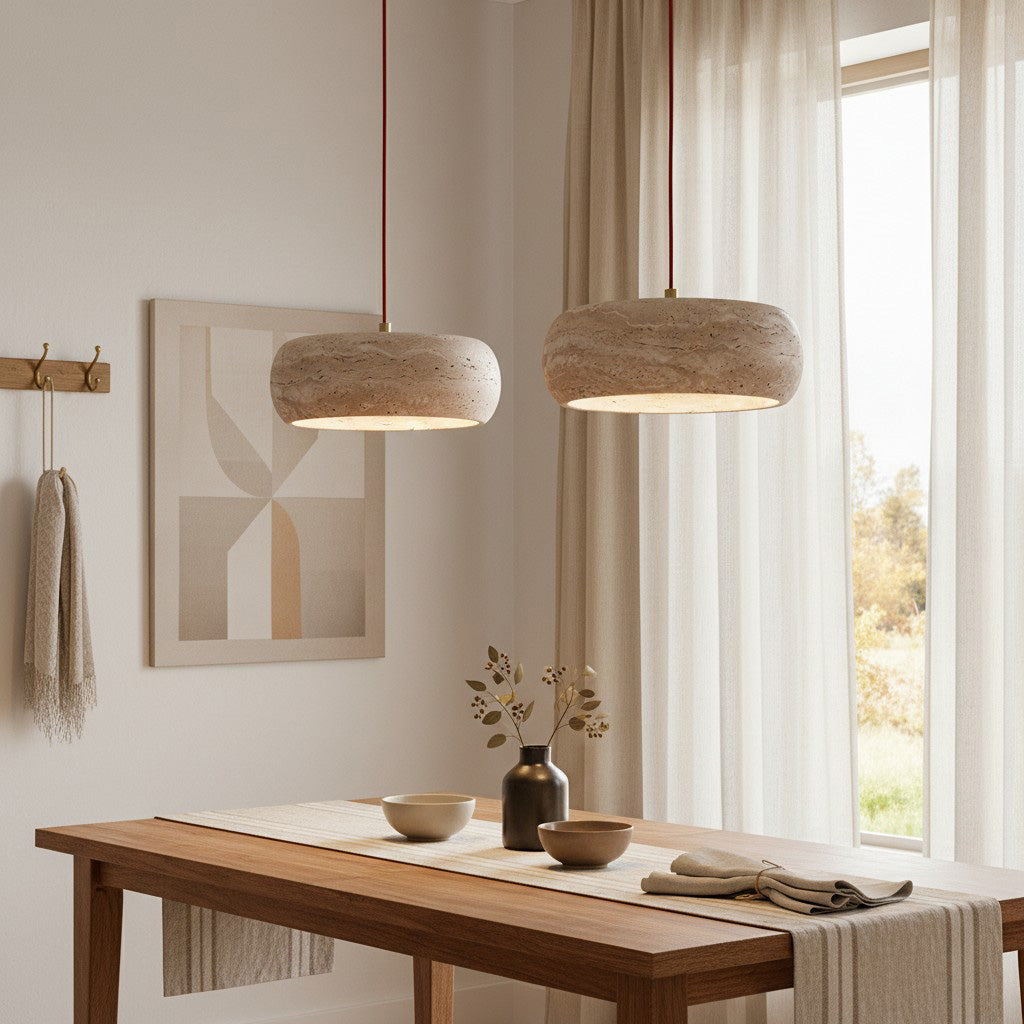 Travertin Pendelleuchte Naturstein, Wabi Sabi Design Höhenverstellbar