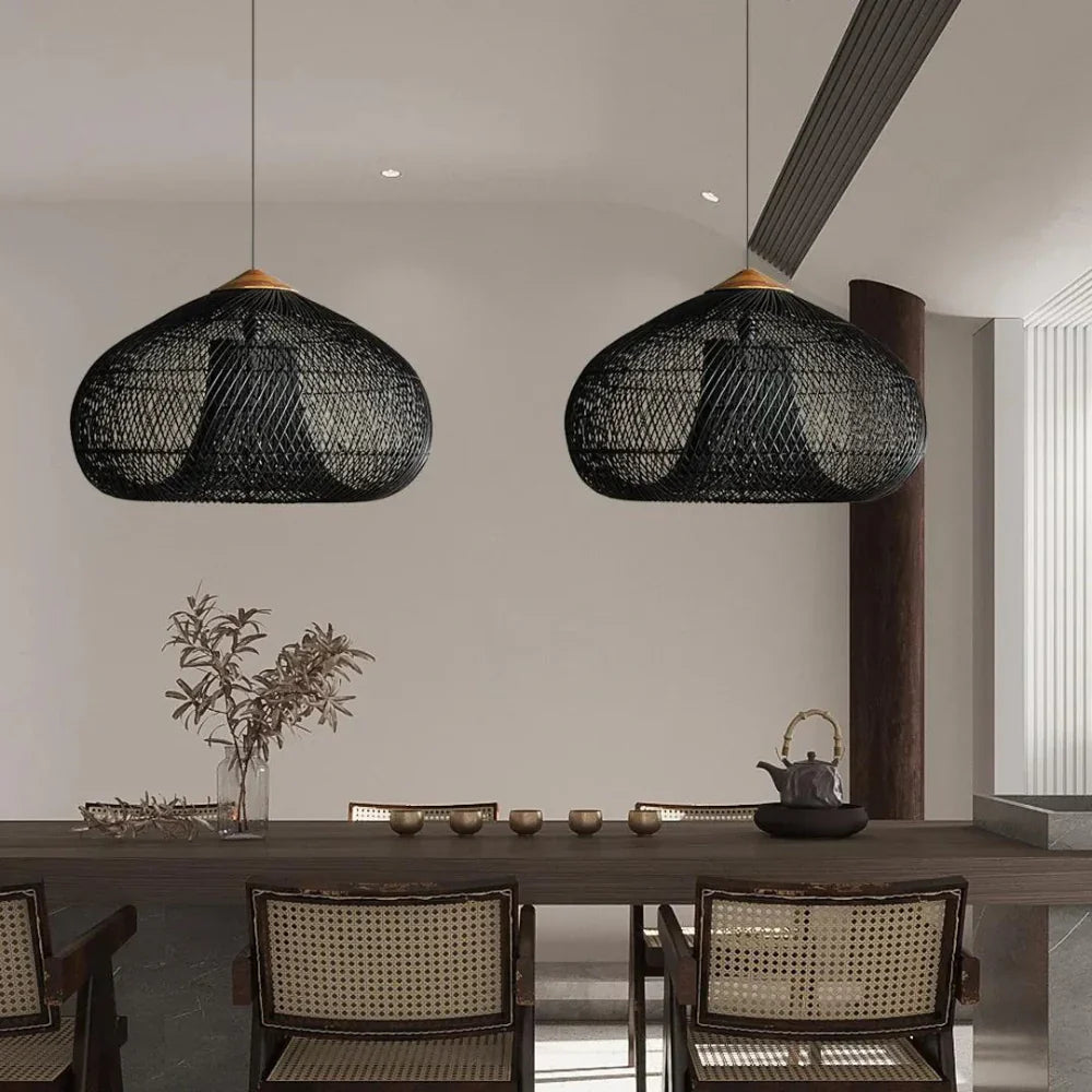 Rattan Hängelampe Natur, Boho Pendelleuchte Geflochten E27