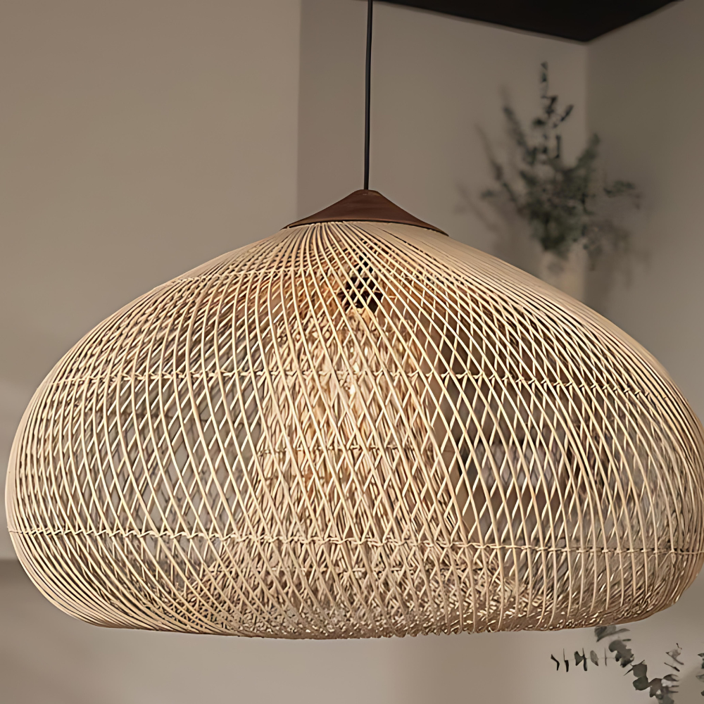 Rattan Hängelampe Natur, Boho Pendelleuchte Geflochten E27