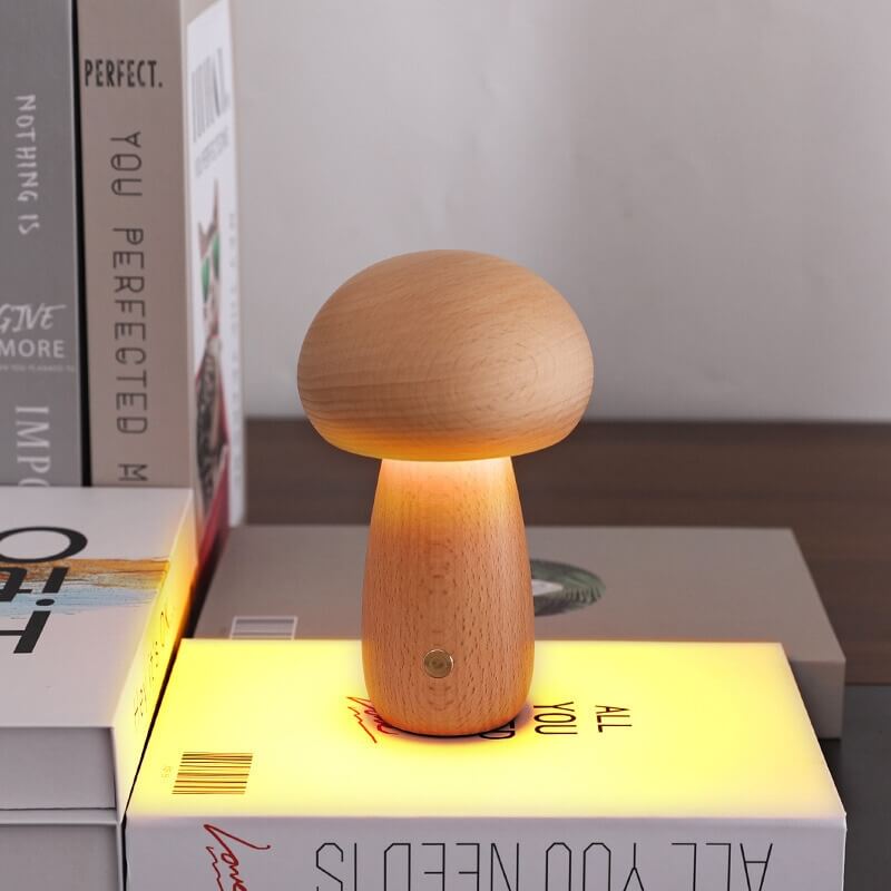 LED Pilz Tischlampe Holz, Dimmbar, Kabellos, Akku, USB