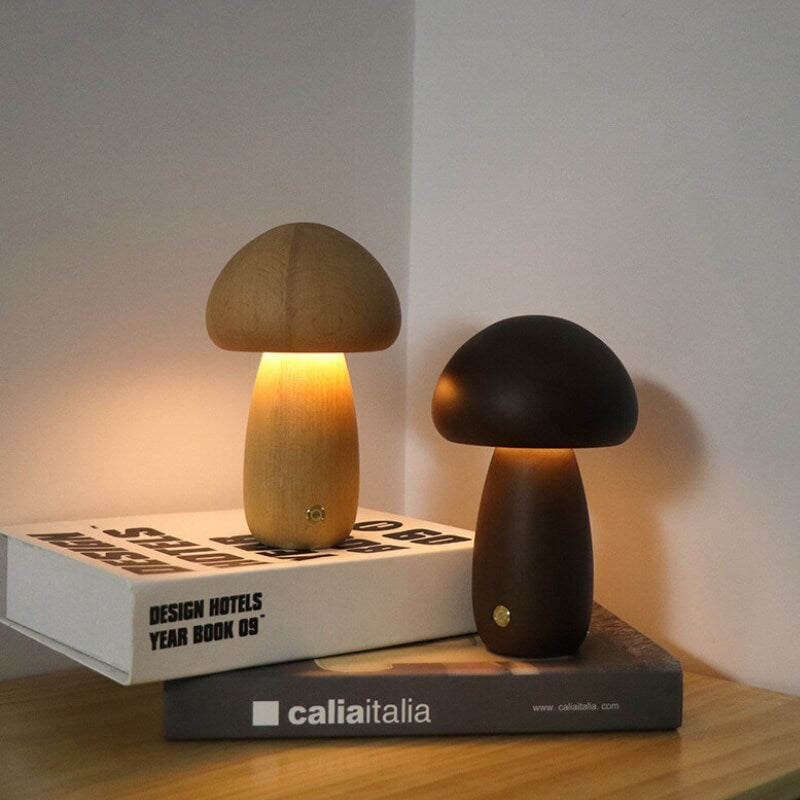LED Pilz Tischlampe Holz, Dimmbar, Kabellos, Akku, USB