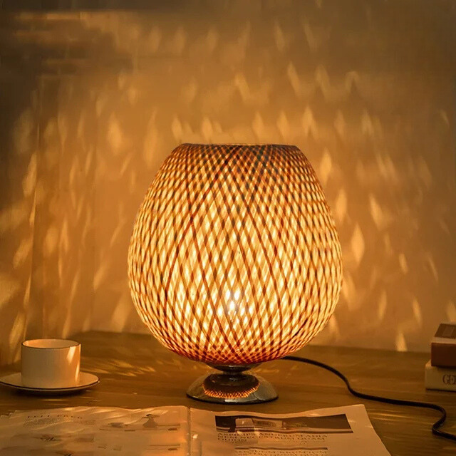 Bambus Tischlampe Vintage, LED Tischleuchte Natur