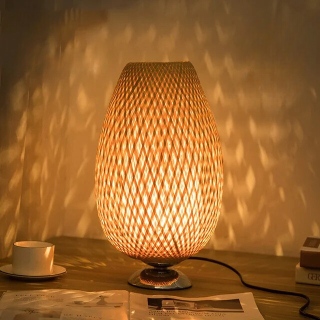 Bambus Tischlampe Vintage, LED Tischleuchte Natur