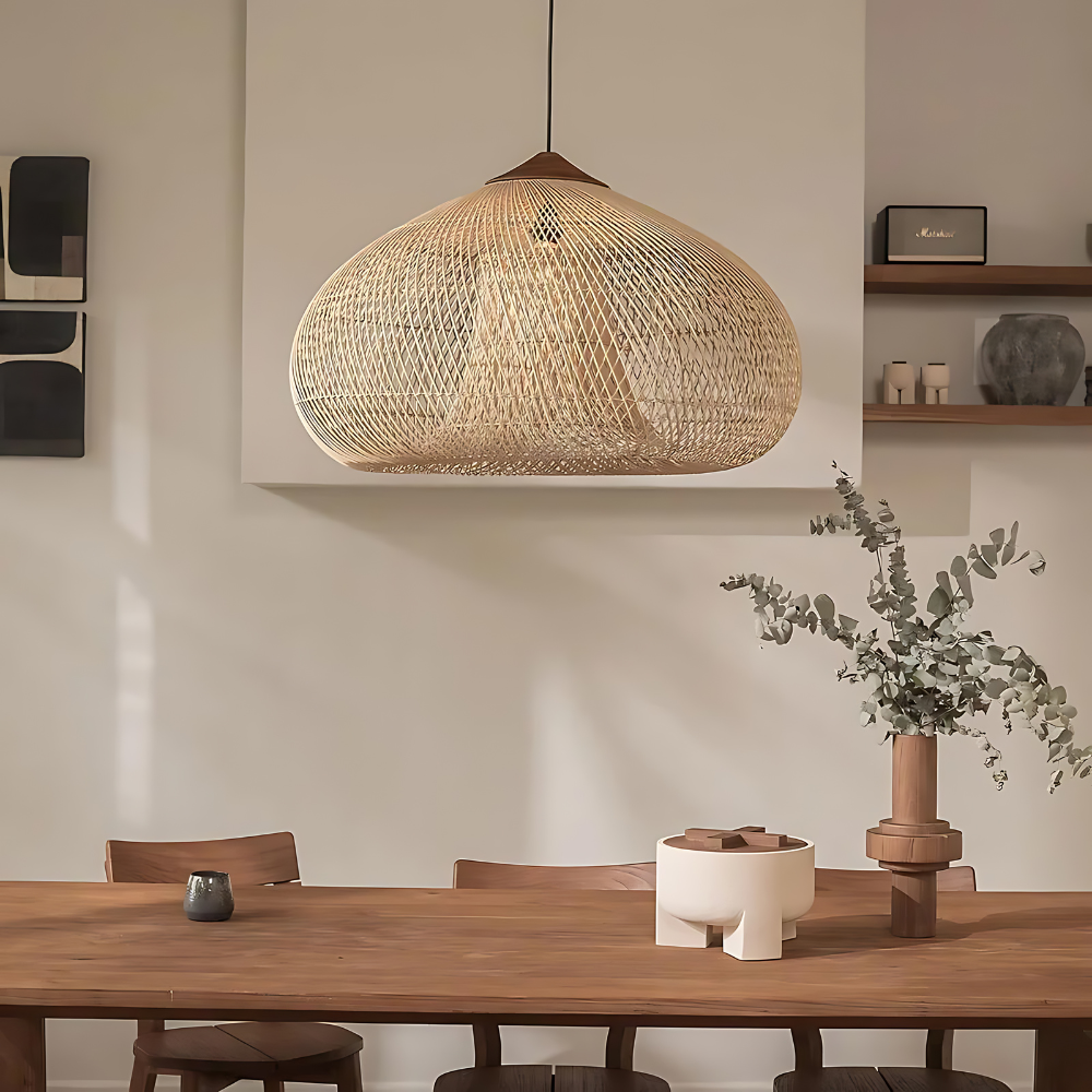 Rattan Hängelampe Natur, Boho Pendelleuchte Geflochten E27
