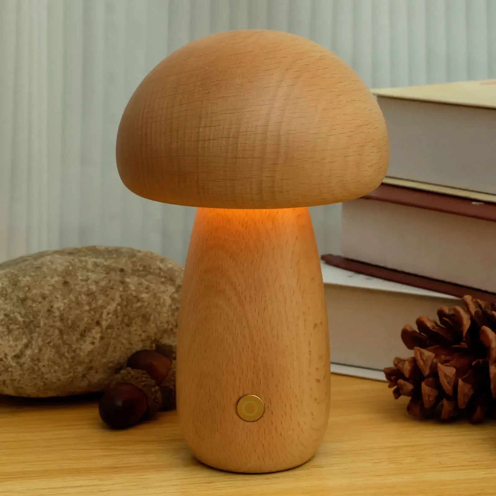 LED Pilz Tischlampe Holz, Dimmbar, Kabellos, Akku, USB