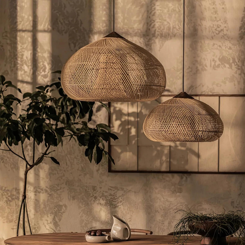 Rattan Hängelampe Natur, Boho Pendelleuchte Geflochten E27