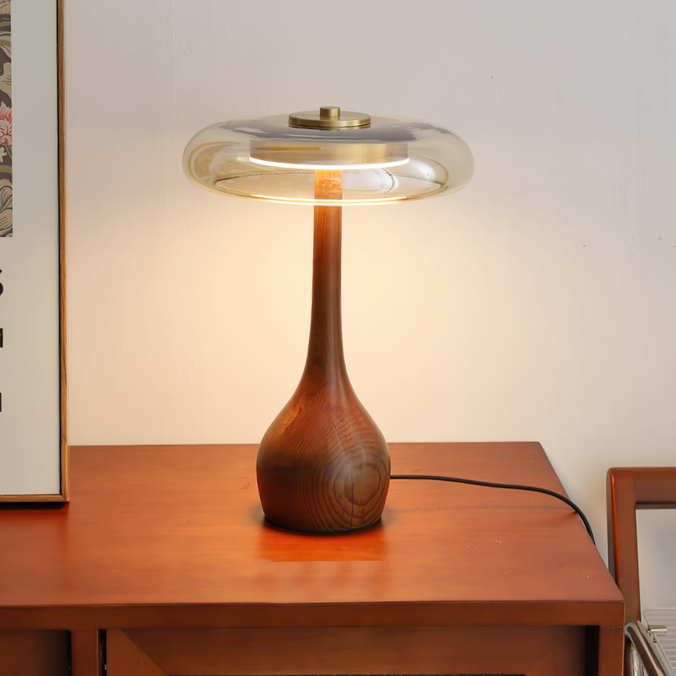 Glas Tischlampe Messing Holz, Nachttischlampe LED modern