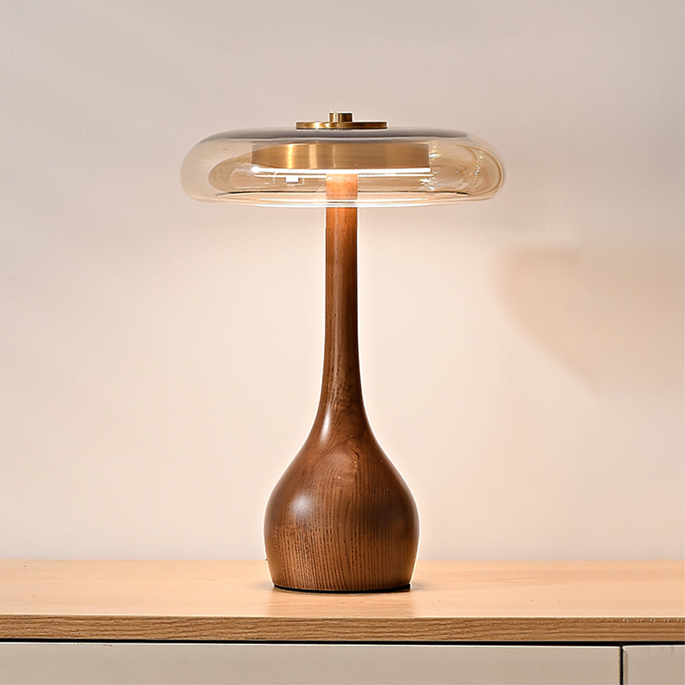 Glas Tischlampe Messing Holz, Nachttischlampe LED modern