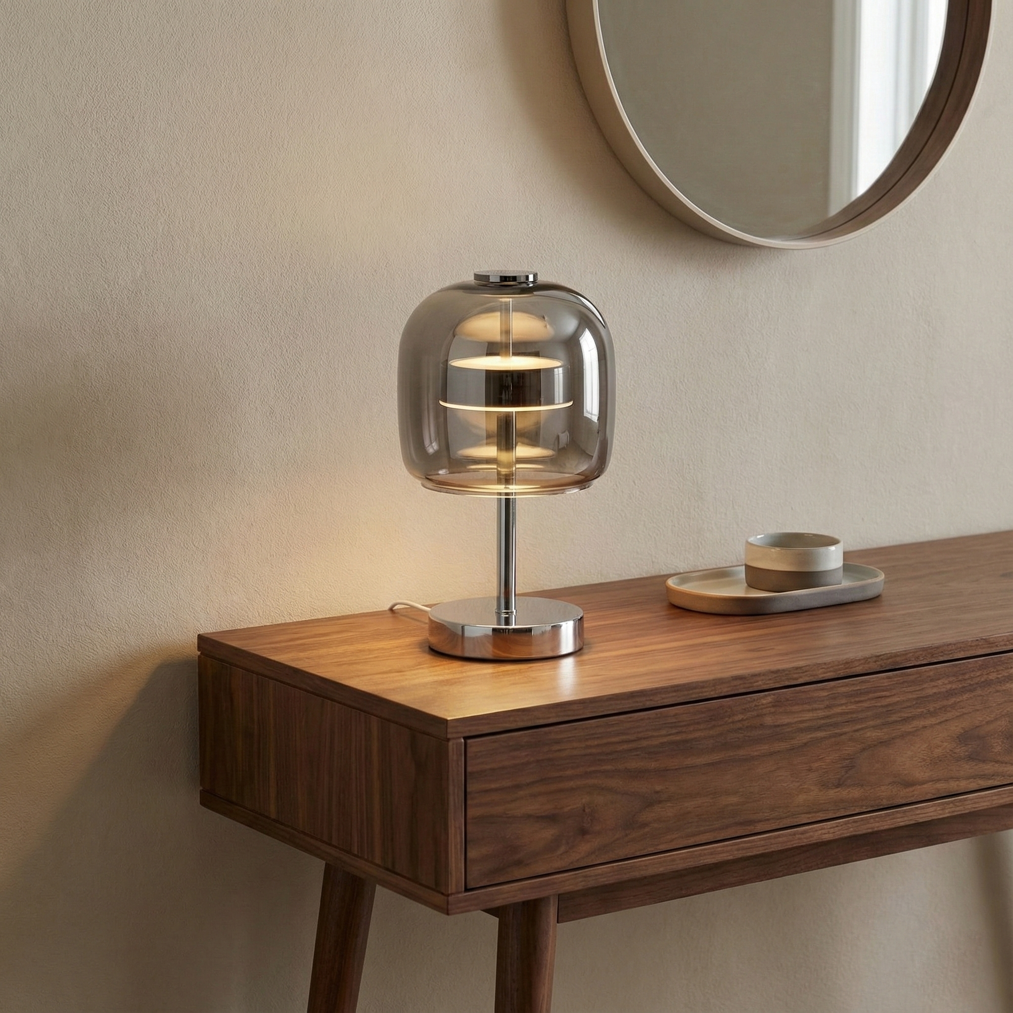 Tischlampe Glas Metall, Modernes Design LED Dreibeiner Farbwechsel mit USB Anschluss