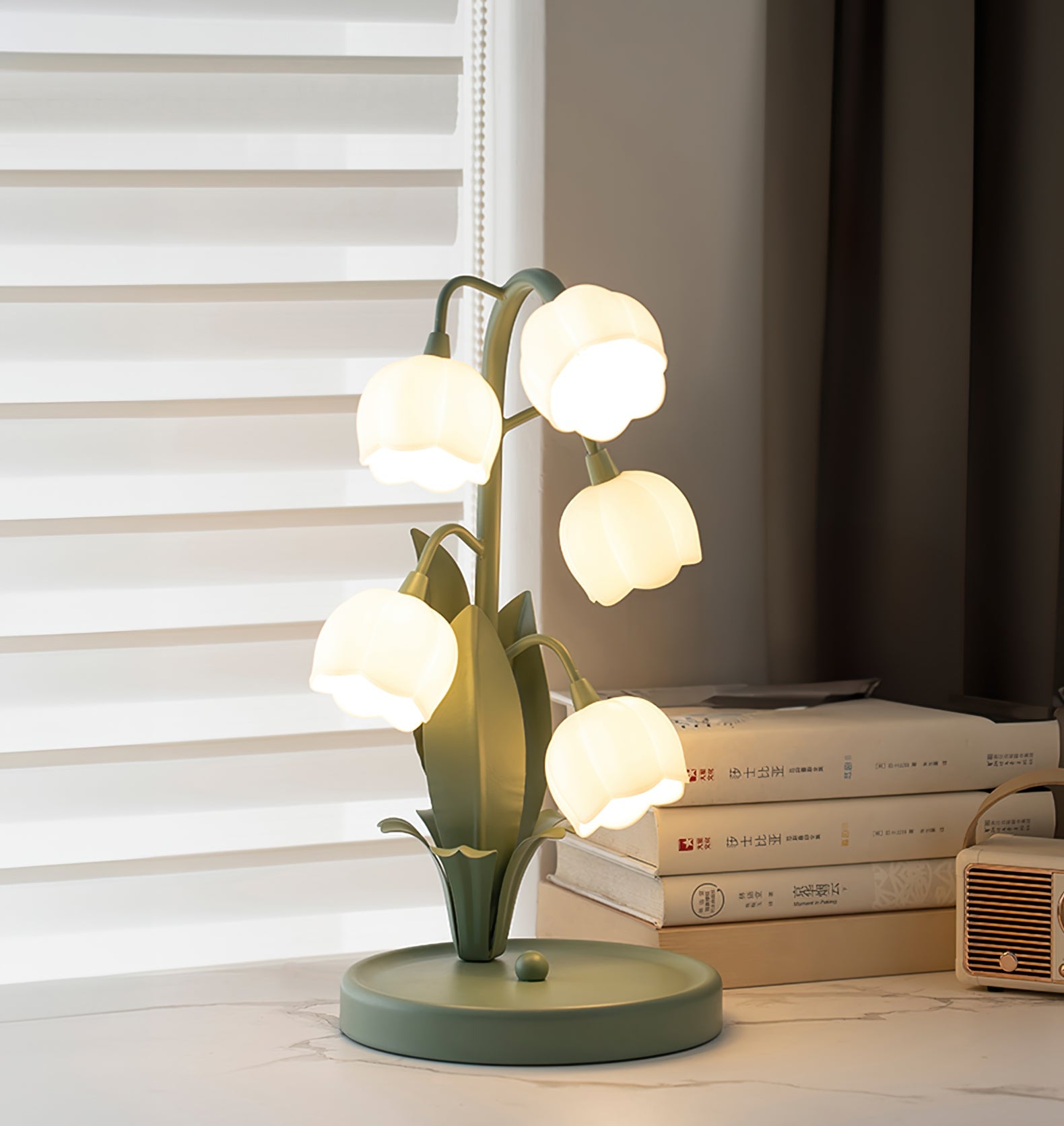 Tischlampe Blume Grün Metall, LED Nachttischlampe Orchidee Design