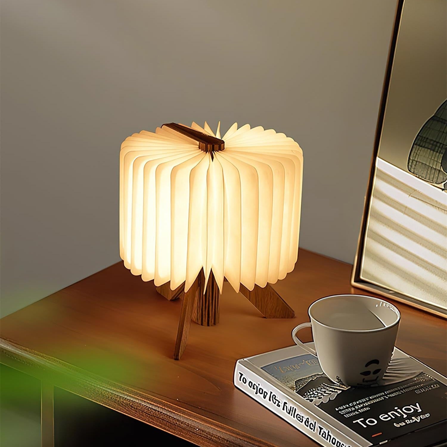 Tischlampe Holz Faltbar mit DuPont Papier Schirm, Warmweiß LED USB Aufladung