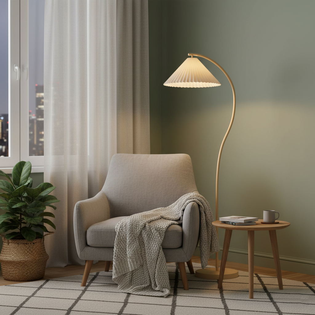 Stehlampe Stoff Plissee, Design Stehleuchte Verstellbar E27